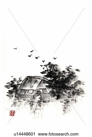 Farmhouse surrounded with trees, ink brush painting, white background, cut out, copy space View Large Illustration Clip Art - Farmhouse surrounded with trees, ink brush painting, white background, cut out, copy space. Fotosearch
