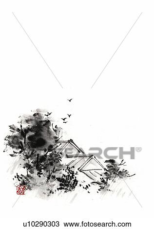 Drawing - Farmhouse surrounded with trees, ink brush painting, white background, cut out, copy space. Fotosearch