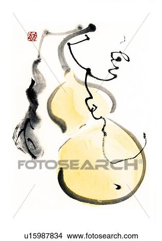 Stock Illustration - Gourd, ink brush painting, white background, cut out. Fotosearch