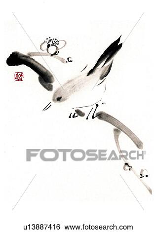 Japanese nightingale perching on a branch, ink brush painting, high angle view, white background, cut out, copy space View Large Illustration Stock Illustration - Japanese nightingale perching on a branch, ink brush painting, high angle view, white background, cut out, copy space. Fotosearch