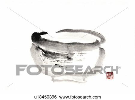 Stock Illustration - Japanese tea cup, ink brush painting, white background, cut out. Fotosearch