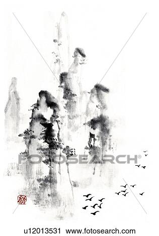 Clip Art - Mount Huangshan and flock of flying bird, ink brush painting, high angle view, white background, cut out. Fotosearch