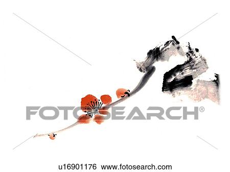 Plum blossom, ink brush painting, white background, cut out, copy space View Large Illustration Stock Illustration - Plum blossom, ink brush painting, white background, cut out, copy space. Fotosearch