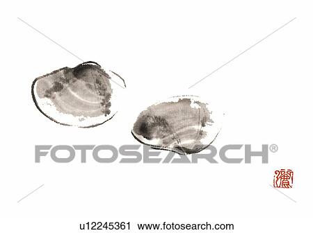 Two clams, ink brush painting, white background, cut out, copy space View Large Illustration Clip Art - Two clams, ink brush painting, white background, cut out, copy space. Fotosearch