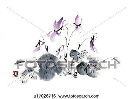 Violets, ink brush painting, white background, cut out View Large Illustration Stock Illustration - Violets, ink brush painting, white background, cut out. Fotosearch