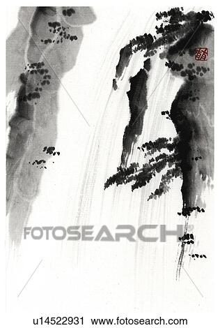 Waterfall, ink brush painting View Large Illustration Clip Art - Waterfall, ink brush painting. Fotosearch