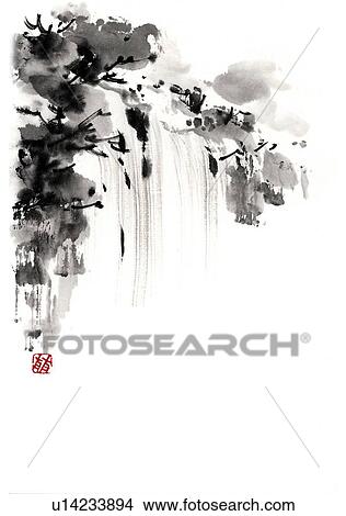 Stock Illustration - Waterfall, ink brush painting, white background, cut out. Fotosearch