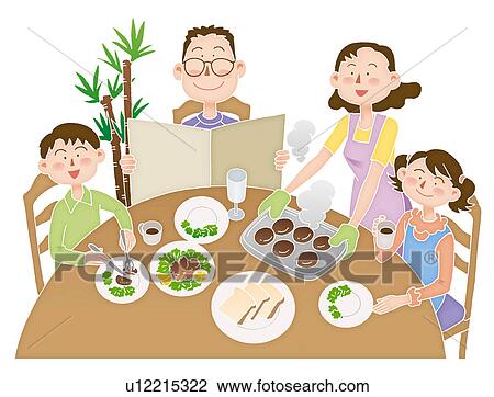 Drawing - A family at the meal, Illustration. Fotosearch