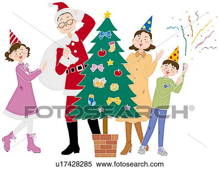 Stock Illustration - A family celebrating Christmas Day, Illustration. Fotosearch