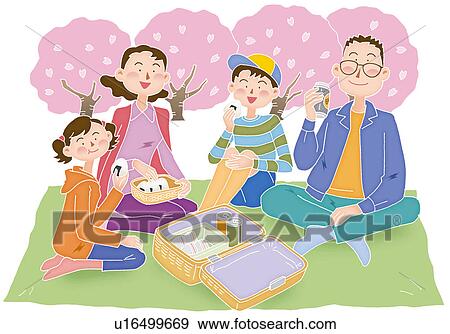 Stock Illustration - A family enjoying cherry blossom viewing, Illustration. Fotosearch