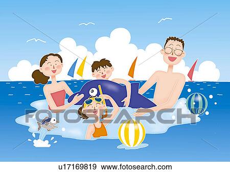 Stock Illustration - A family enjoying sea bathing, Illustration. Fotosearch