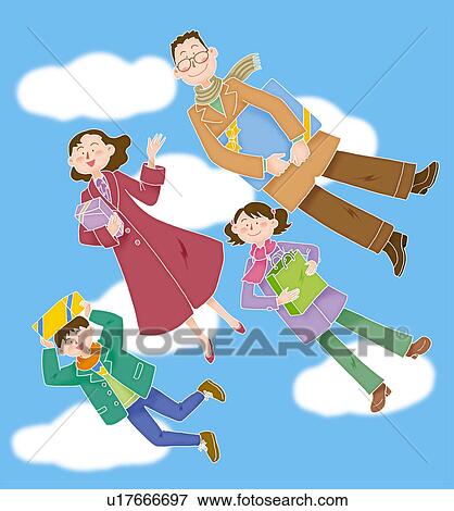 Stock Illustration - A family flying in the sky, Illustration. Fotosearch