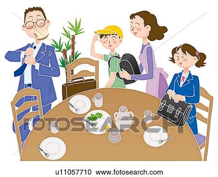 A Family Getting Ready For School And Work In The Morning Illustration Clipart U Fotosearch