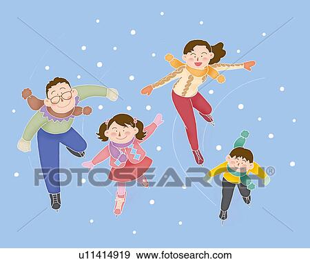 Stock Illustration - A family ice skating, Illustration. Fotosearch
