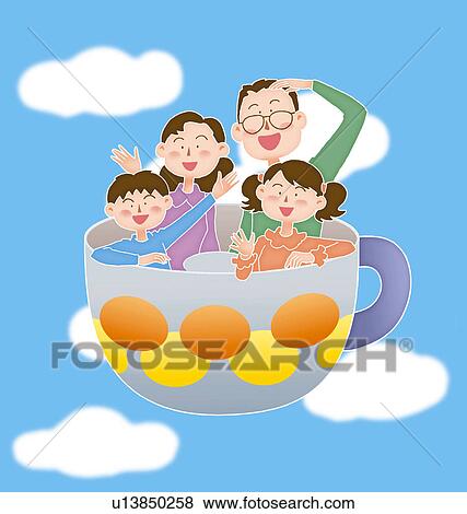 Stock Illustration - A family in a flying coffee cup, Illustration. Fotosearch