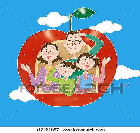 Stock Illustration - A family looking out from the apple shape window in the sky, Illustration. Fotosearch