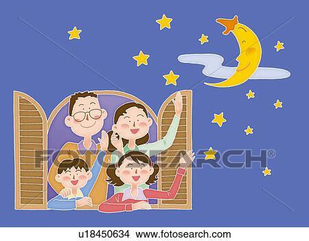 A family looking up to the moon and stars from the window, Illustration View Large Illustration Stock Illustration - A family looking up to the moon and stars from the window, Illustration. Fotosearch