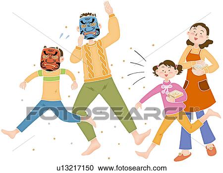 Clipart - A family playing on Setsubun Day, Illustration. Fotosearch