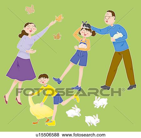 A family playing with animals, Illustration View Large Illustration Stock Illustration - A family playing with animals, Illustration. Fotosearch