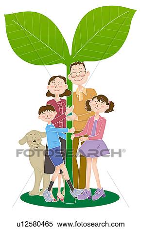 Stock Illustration - A family with a big plant, Illustration. Fotosearch