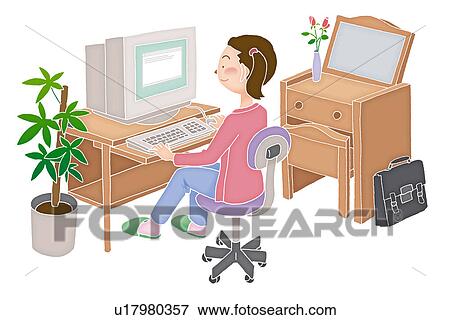Stock Illustration - A girl using a computer, Illustration. Fotosearch