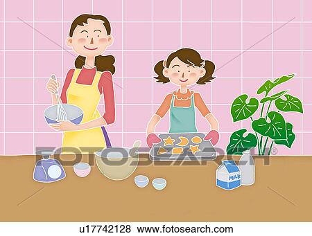 Stock Illustration - A mother and her daughter cooking together, Illustration. Fotosearch