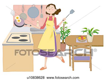 Stock Illustration - A mother cooking in the kitchen, Illustration. Fotosearch