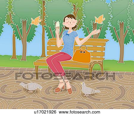 Stock Illustration - A young adult woman sitting on a bench in the park, Illustration. Fotosearch