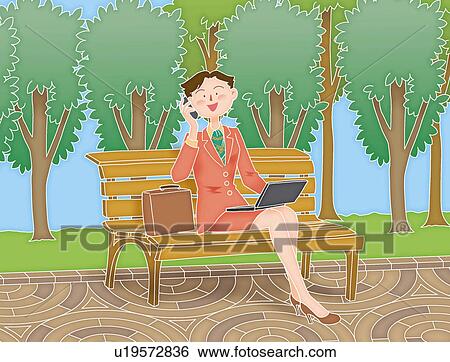 Stock Illustration - A young adult woman sitting on a bench in the park and using a laptop computer, Illustration. Fotosearch