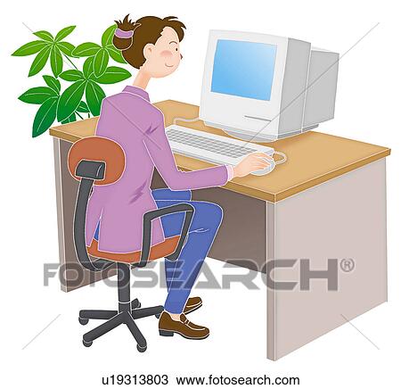 A young woman at the desk working on a computer, Illustration View Large Illustration Drawing - A young woman at the desk working on a computer, Illustration. Fotosearch