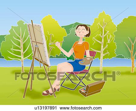 A young woman painting in the nature, Illustration View Large Illustration Clip Art - A young woman painting in the nature, Illustration. Fotosearch