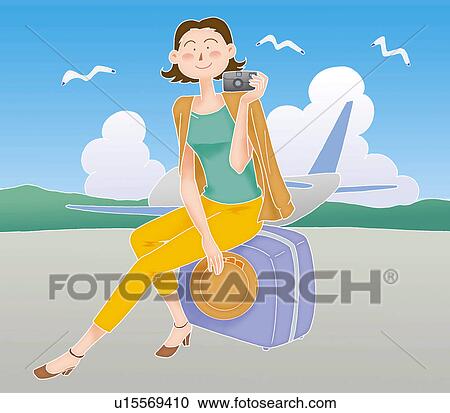Clipart - A young woman traveling, Illustration. Fotosearch