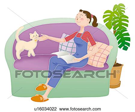 Drawing - A young woman with a cat on a sofa, Illustration. Fotosearch