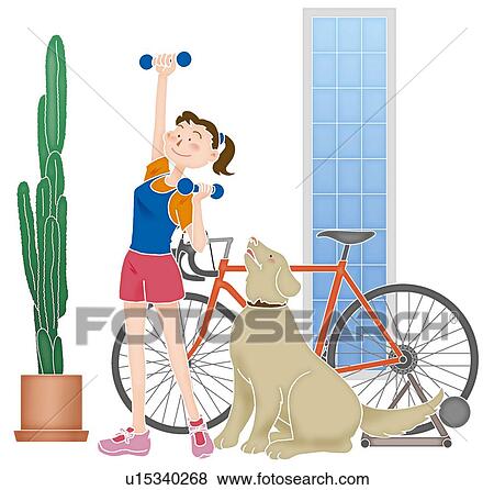 Stock Illustration - A young woman with a dog exercising, Illustration. Fotosearch