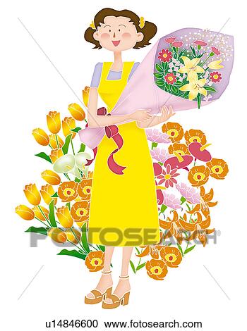 Clipart - A young woman working at the flower shop, Illustration. Fotosearch