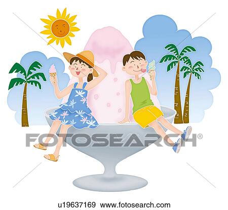 Stock Illustration - boy and girl eating ice creams in summer, Illustration. Fotosearch