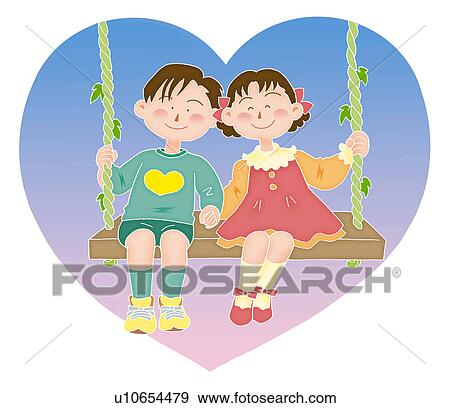 Boy and girl together on a swing, Illustration View Large Illustration Stock Illustration - Boy and girl together on a swing, Illustration. Fotosearch