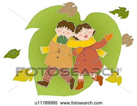 Stock Illustration - Boy and girl with colored leaves, Illustration. Fotosearch