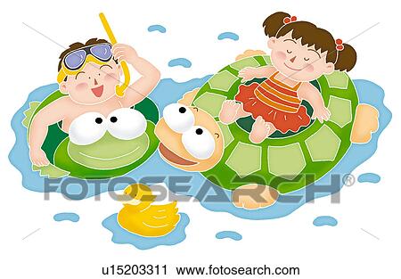 Clip Art - Brother and sister playing in the water, Illustration. Fotosearch