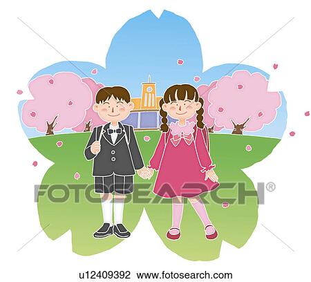Drawing - Children at the entrance ceremony, Illustration. Fotosearch