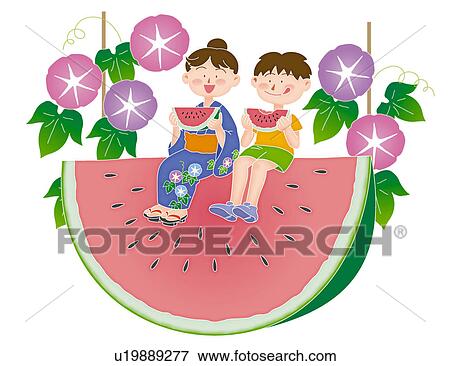 Stock Illustration - Children eating watermelons, Illustration. Fotosearch