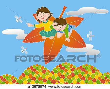 Children on a large colored leaf and flying, Illustration View Large Illustration Stock Illustration - Children on a large colored leaf and flying, Illustration. Fotosearch