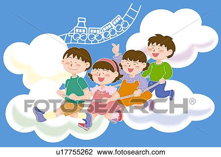 Children playing on the clouds, Illustration View Large Illustration Drawing - Children playing on the clouds, Illustration. Fotosearch