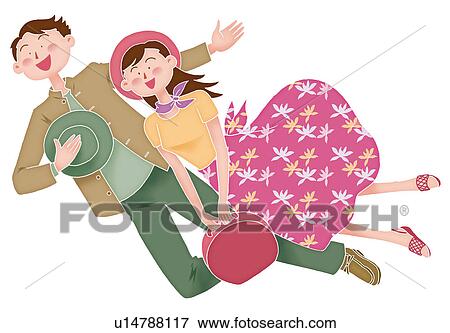 Stock Illustration - Dressed young man and woman flying together, Illustration. Fotosearch