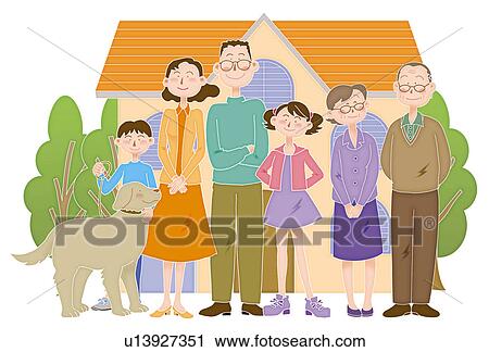 Clip Art - Family Image with house and trees, Illustration. Fotosearch