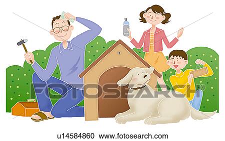 Clipart - Father and children caring the dog house together, Illustration. Fotosearch