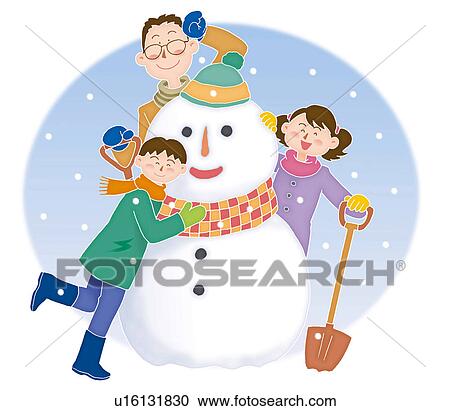 Father and children making a snowman together, Illustration View Large Illustration Clipart - Father and children making a snowman together, Illustration. Fotosearch