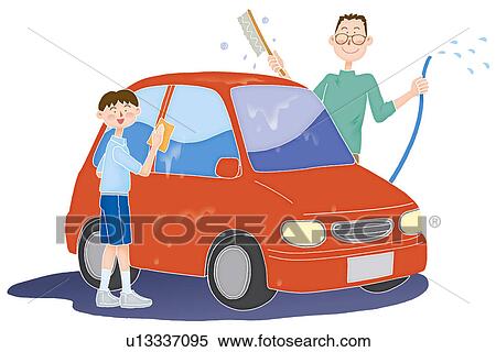 Stock Illustration - Father and son washing the car together, Illustration. Fotosearch