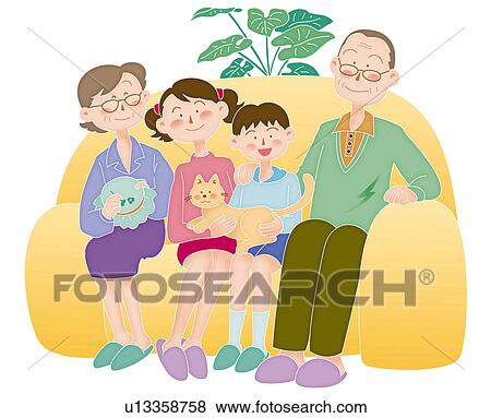 Grandparents and children with a sofa, Illustration View Large Illustration Stock Illustration - Grandparents and children with a sofa, Illustration. Fotosearch