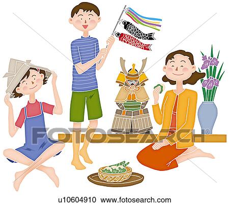 Clipart - Mother and children celebrating Children's Day, Illustration. Fotosearch